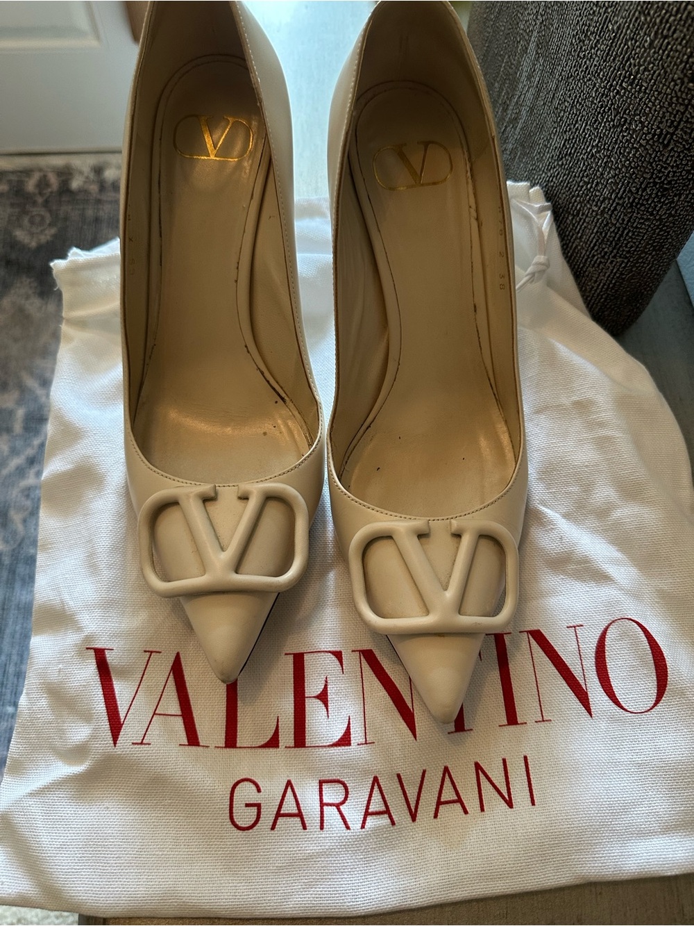 Valentino Garavani Cream Pointed-Toe V Logo Pumps